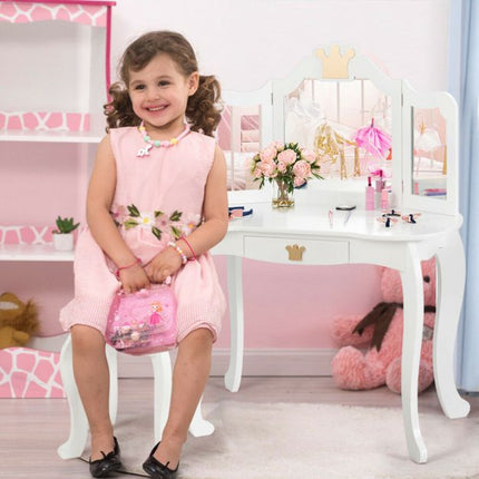 Kinderschminktisch mit Hocker, dreifach klappbarem Spiegel, Schublade