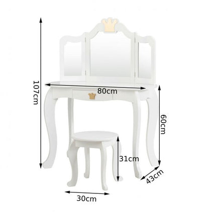 Kinderschminktisch mit Hocker, dreifach klappbarem Spiegel, Schublade