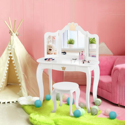 Kinderschminktisch mit Hocker, dreifach klappbarem Spiegel, Schublade