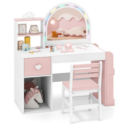 Coiffeuse pour enfants avec miroir lumineux, étagère et chaise