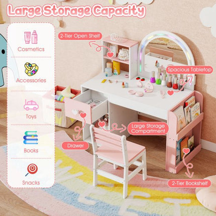 Coiffeuse pour enfants avec miroir lumineux, étagère et chaise