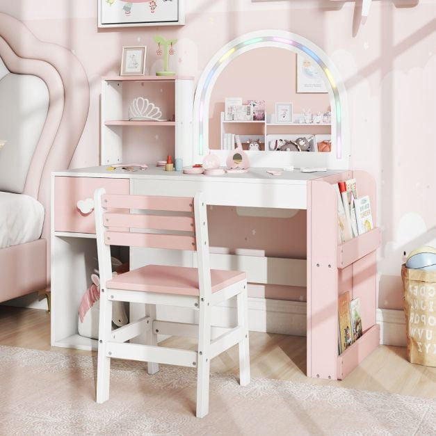 Coiffeuse pour enfants avec miroir lumineux, étagère et chaise
