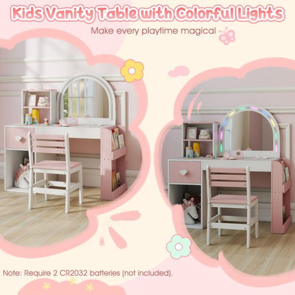 Coiffeuse pour enfants avec miroir lumineux, étagère et chaise