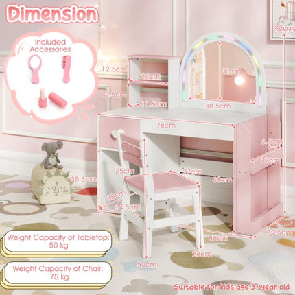 Coiffeuse pour enfants avec miroir lumineux, étagère et chaise
