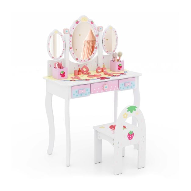 Ensemble coiffeuse et chaise pour enfants, bureau 2 en 1, miroir, rangement