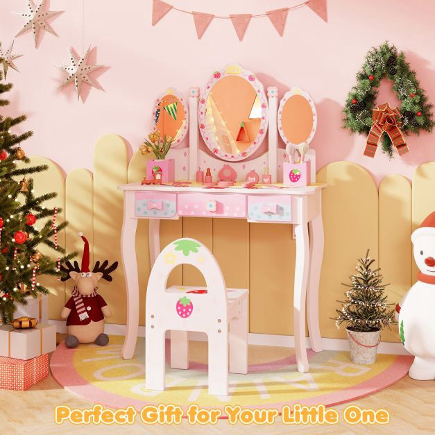 Ensemble coiffeuse et chaise pour enfants, bureau 2 en 1, miroir, rangement