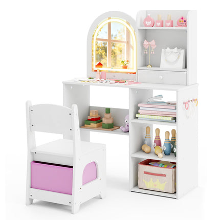 Ensemble coiffeuse et chaise pour enfants, miroir lumineux à 3 couleurs