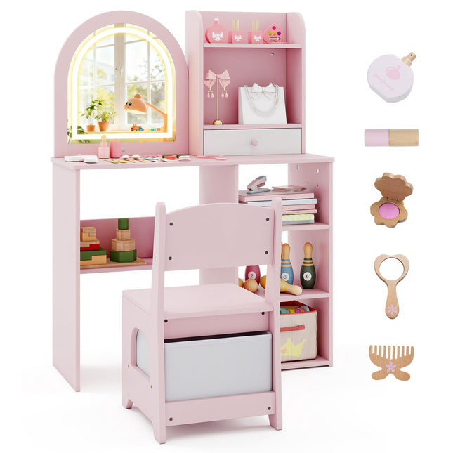 Ensemble coiffeuse et chaise pour enfant, miroir lumineux 3 couleurs, rose