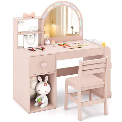 Ensemble coiffeuse et chaise pour enfant, miroir lumineux, rose