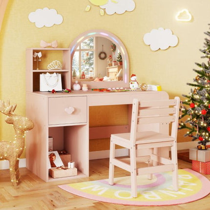 Ensemble coiffeuse et chaise pour enfant, miroir lumineux, rose