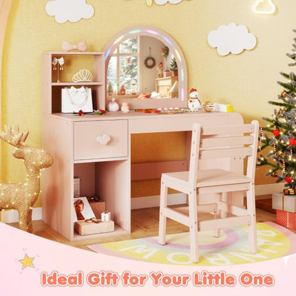 Ensemble coiffeuse et chaise pour enfant, miroir lumineux, rose