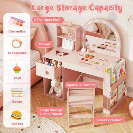 Ensemble coiffeuse et chaise pour enfant, miroir lumineux, rose