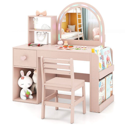Ensemble coiffeuse et chaise pour enfant, miroir lumineux, rose