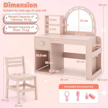 Ensemble coiffeuse et chaise pour enfant, miroir lumineux, rose