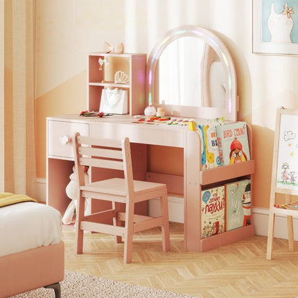 Ensemble coiffeuse et chaise pour enfant, miroir lumineux, rose