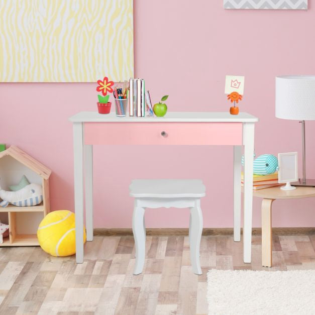 Ensemble coiffeuse et tabouret pour enfant, miroir triptyque, blanc