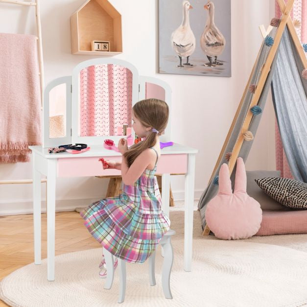 Ensemble coiffeuse et tabouret pour enfant, miroir triptyque, blanc