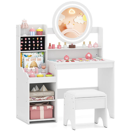 Coiffeuse enfant avec miroir et lumière, blanche, rangement et tabouret