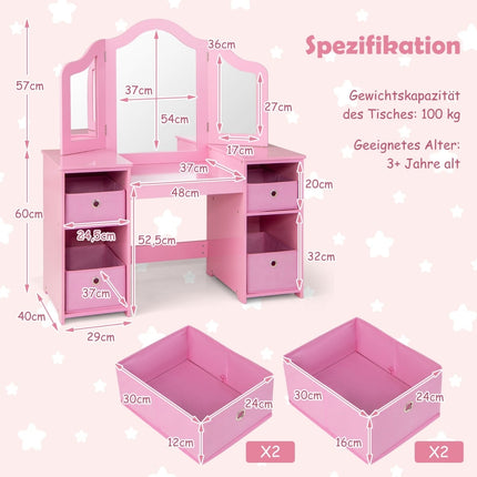 Kinderschminktisch mit abnehmbarem Spiegel und Aufbewahrung – Rosa