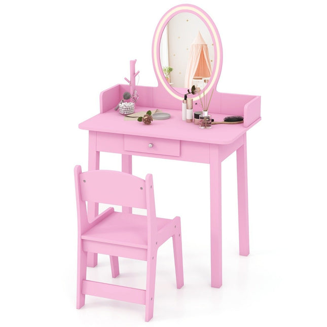 Coiffeuse pour enfants avec tabouret, miroir LED et rangement