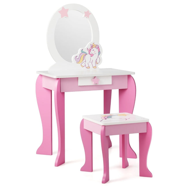 Coiffeuse pour enfants avec tabouret, miroir amovible et tiroir