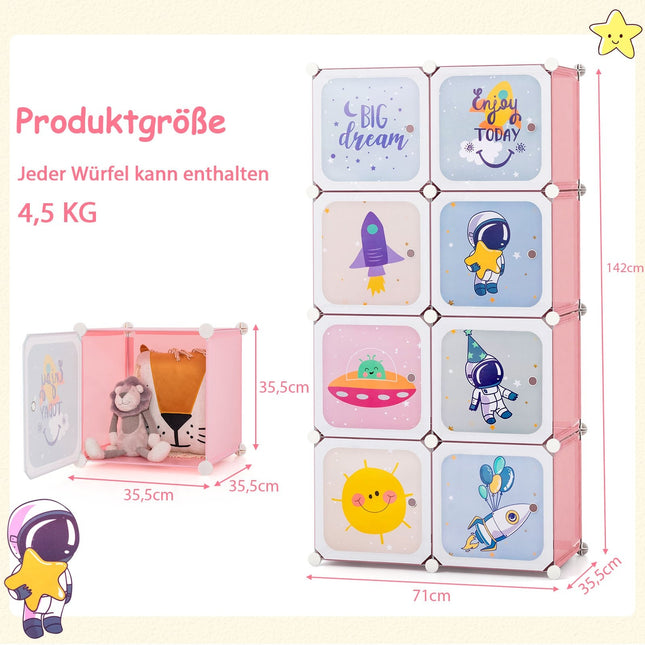 Organisateur de garde-robe pour enfants, étagère en plastique rose à 8 cubes