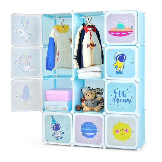 Armoire pour enfant avec 2 sections suspendues et 12 cubes, bleue