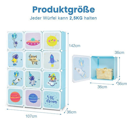 Armoire pour enfant avec 2 sections suspendues et 12 cubes, bleue