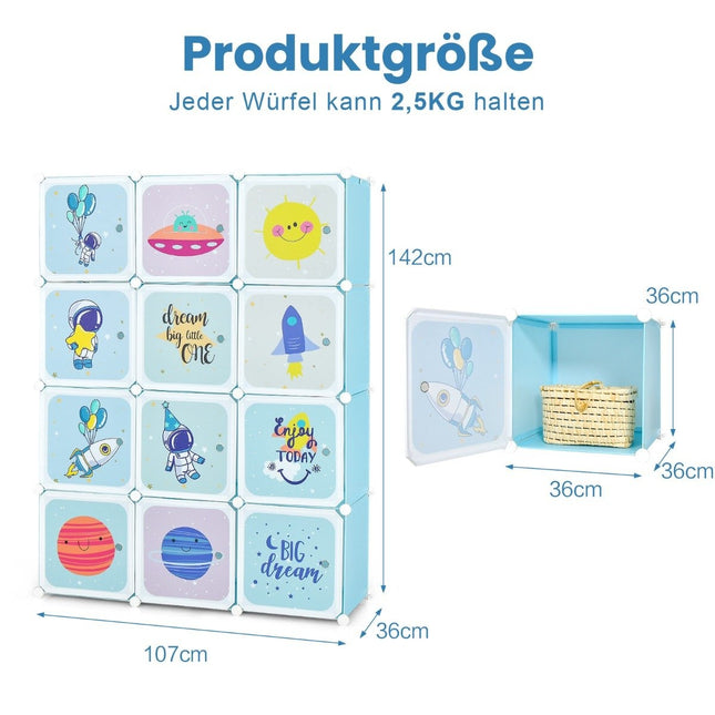 Armoire pour enfant avec 2 sections suspendues et 12 cubes, bleue