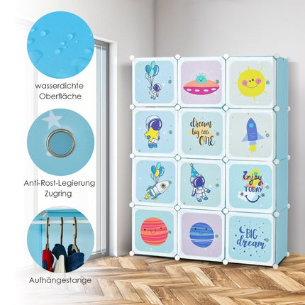 Armoire pour enfant avec 2 sections suspendues et 12 cubes, bleue