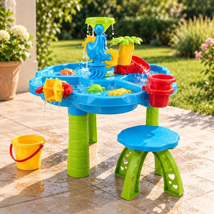 Kids' Water Play Table with Stool and 3 Compartments, Accessory Set, Ages 3-8