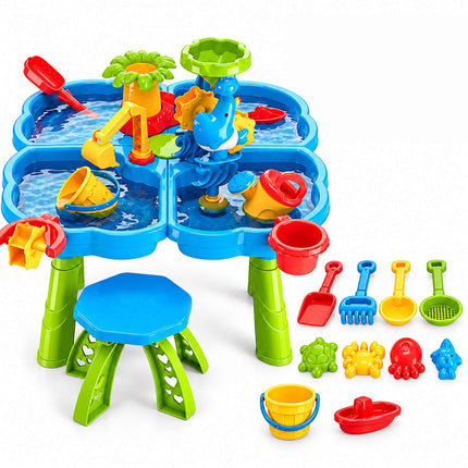 Kids' Water Play Table with Stool and 4 Compartments, Accessory Set, Ages 3-8