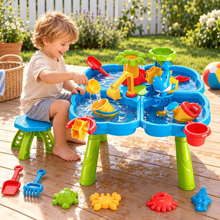 Kids' Water Play Table with Stool and 4 Compartments, Accessory Set, Ages 3-8