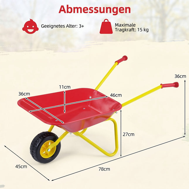 Brouette pour enfants avec pneu tout-terrain, rouge et jaune, à partir de 3 ans