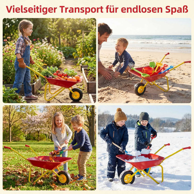 Brouette pour enfants avec pneu tout-terrain, rouge et jaune, à partir de 3 ans