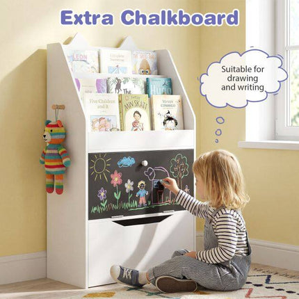 Bibliothèque blanche pour enfants avec tableau noir et tiroir de rangement