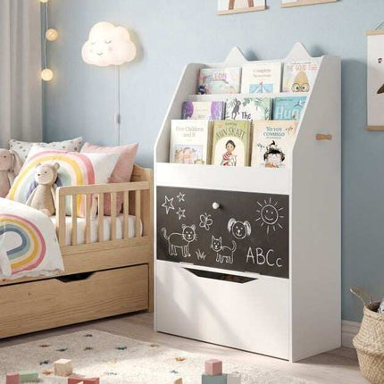 Bibliothèque blanche pour enfants avec tableau noir et tiroir de rangement