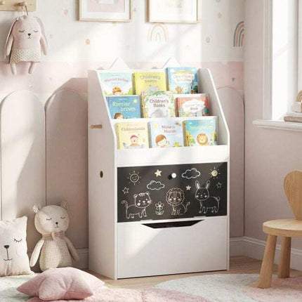 Bibliothèque blanche pour enfants avec tableau noir et tiroir de rangement