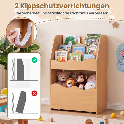 Bibliothèque en bois pour enfants avec tiroir de rangement à roulettes