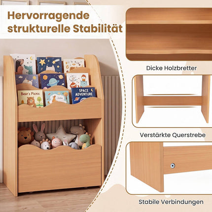 Bibliothèque en bois pour enfants avec tiroir de rangement à roulettes