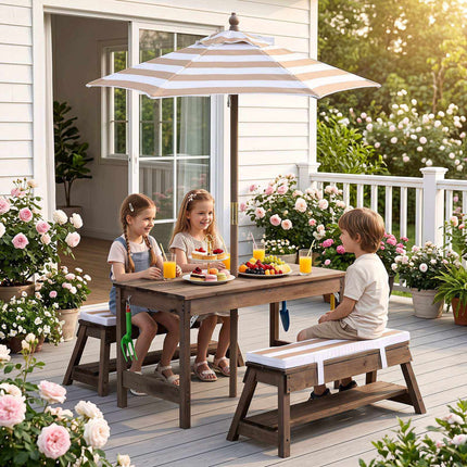 Picknickset aus Holz für Kinder mit Sonnenschirm und Bänken