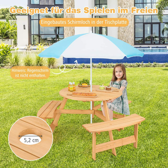 Picknicktisch- und Bank-Set für Kinder aus Holz mit Sonnenschirmloch