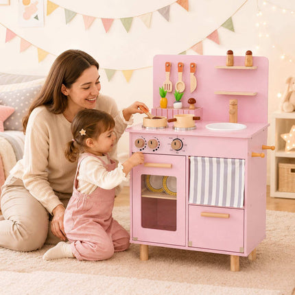 Cuisine en bois pour enfants, rose – Évier, plaque de cuisson, rangement