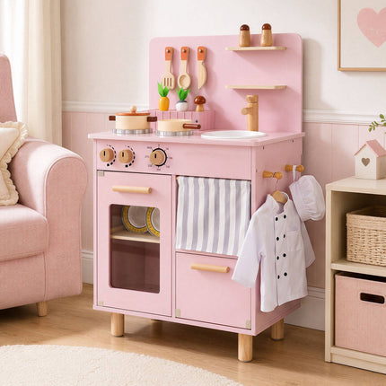 Cuisine en bois pour enfants, rose – Évier, plaque de cuisson, rangement
