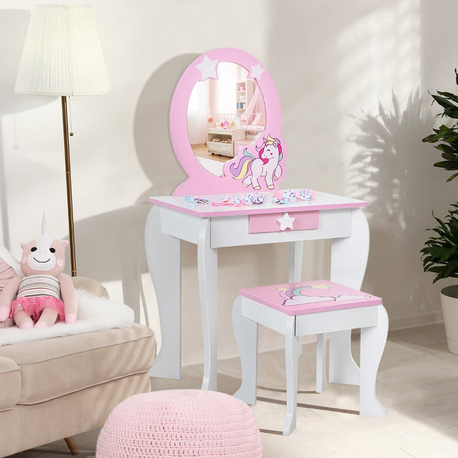 Ensemble coiffeuse en bois pour enfants avec tabouret, miroir et tiroir - Rose et blanc