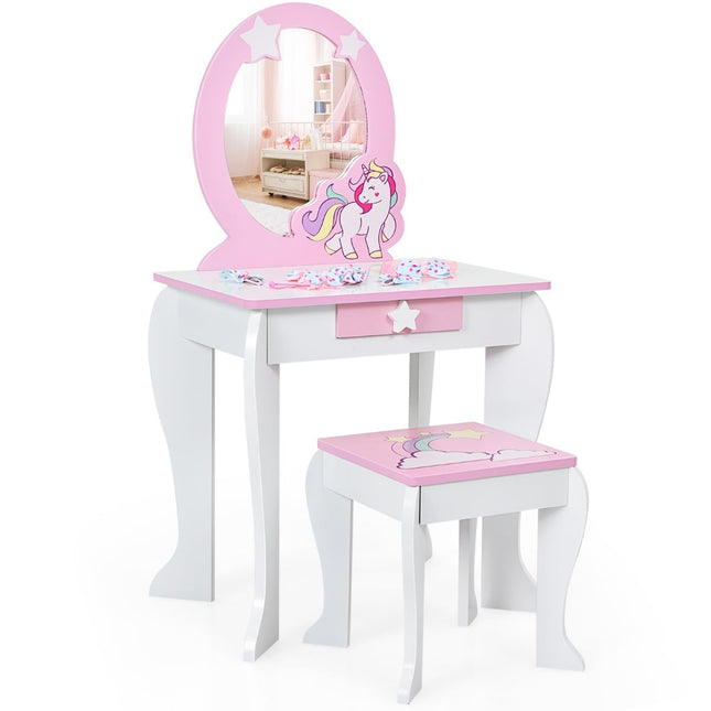 Ensemble coiffeuse en bois pour enfants avec tabouret, miroir et tiroir - Rose et blanc