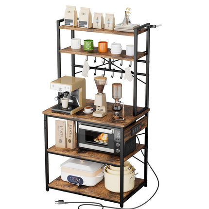 Kitchen Bakers Rack With Power Strip, 12 Hooks