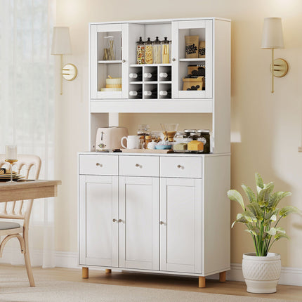 Meuble de cuisine, 180 cm, portes vitrées, étagères réglables, blanc