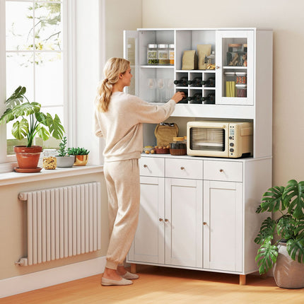Meuble de cuisine, 180 cm, portes vitrées, étagères réglables, blanc