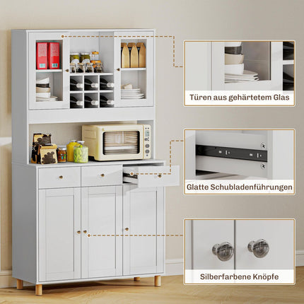 Meuble de cuisine, 180 cm, portes vitrées, étagères réglables, blanc